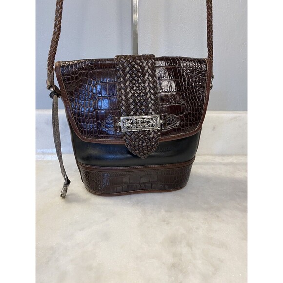 Vintage Brighton Leather Alligator Embossed Black Brown Shoulder Handbag Purse - Picture 1 of 13